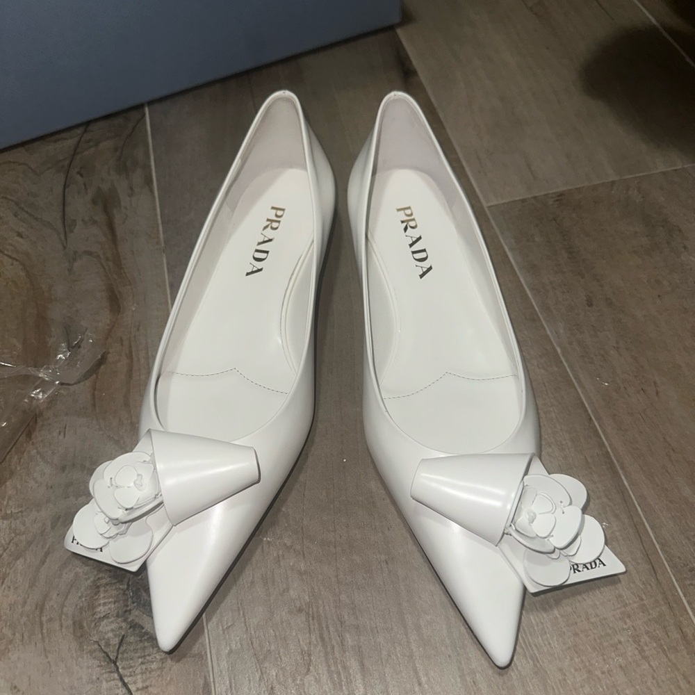 Prada Loop Bouquet Pointed Toe Flats in White
